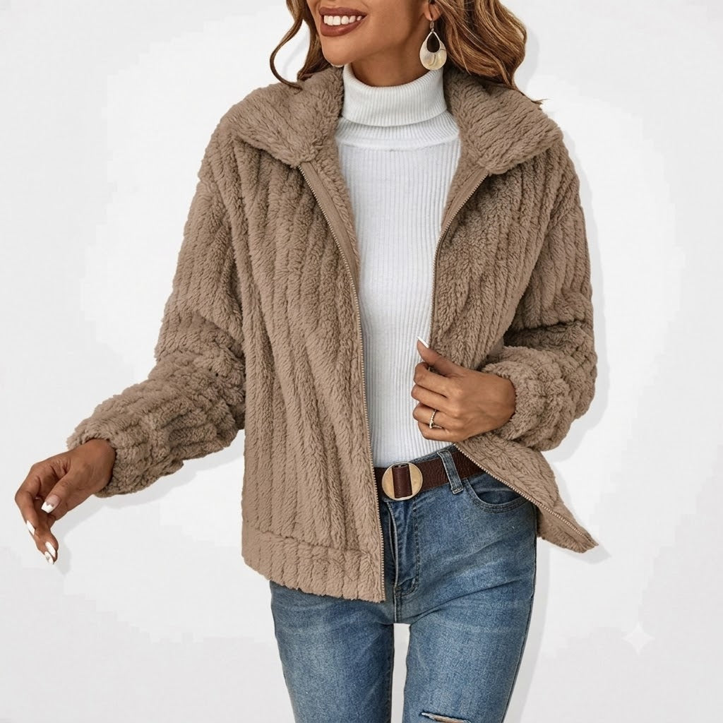 Close-up of plush notched collar zip-front cardigan in Beige – ELEGENZE