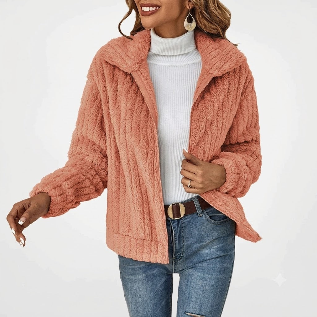 Model wearing oversized plush zip-front cardigan in Beige – ELEGENZE