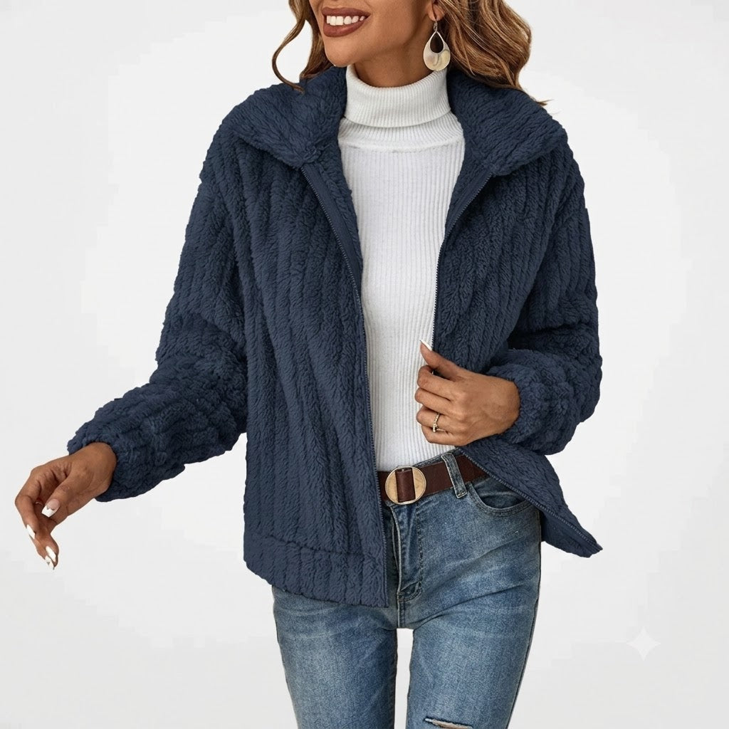 Womens Cardigan Plush Notched Collar Zip-Front Oversized – Sable