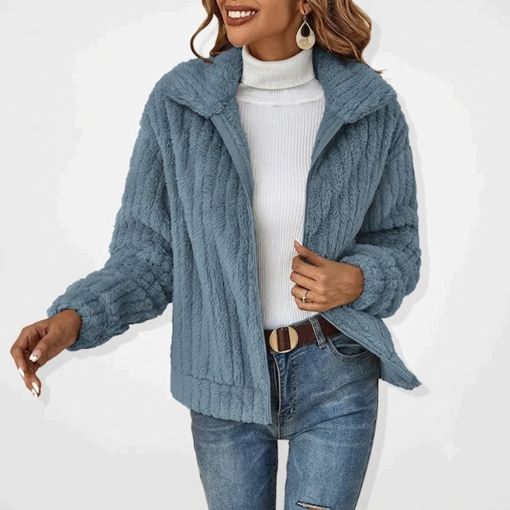 Womens Cardigan Plush Notched Collar Zip-Front Oversized – Sable