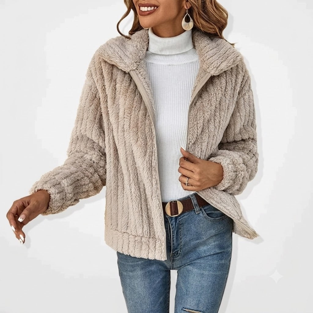 Womens Cardigan Plush Notched Collar Zip-Front Oversized – Sable