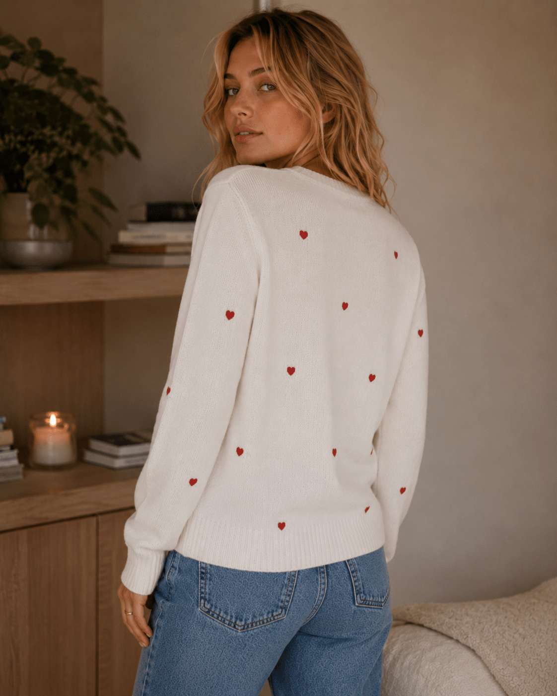 Womens Cardigan Heart Embroidered Crew Neck Knit Pullover Relaxed Fit – Odie