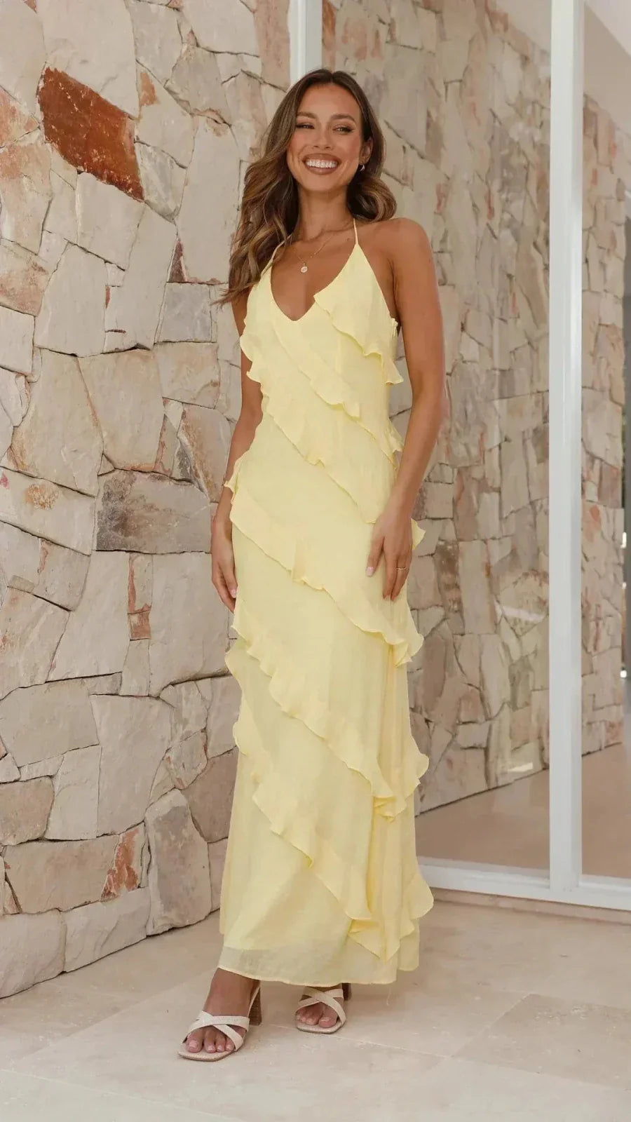 Tiered ruffle halter-neck maxi dress in yellow full length – ELEGENZE