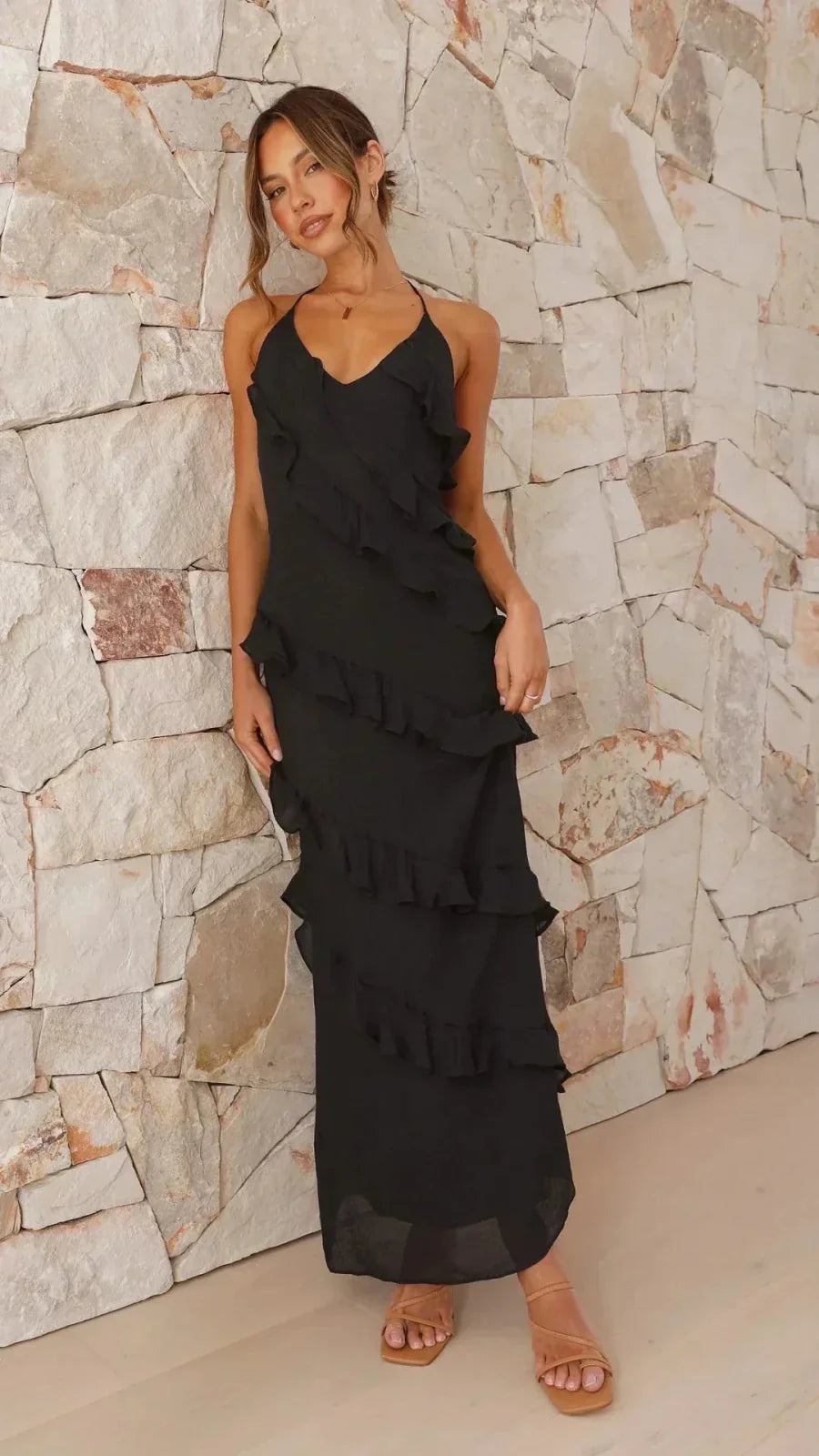 Womens Maxi Dress Tiered Ruffle Halter Neck Backless Yellow – Tiva