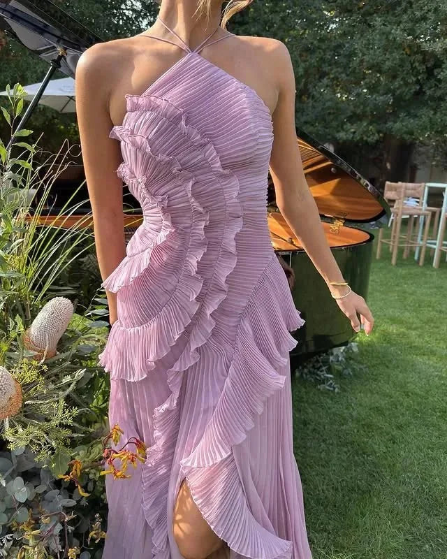 Womens Ruffle Halter Maxi Dress Asymmetric Pleated Evening – Reva