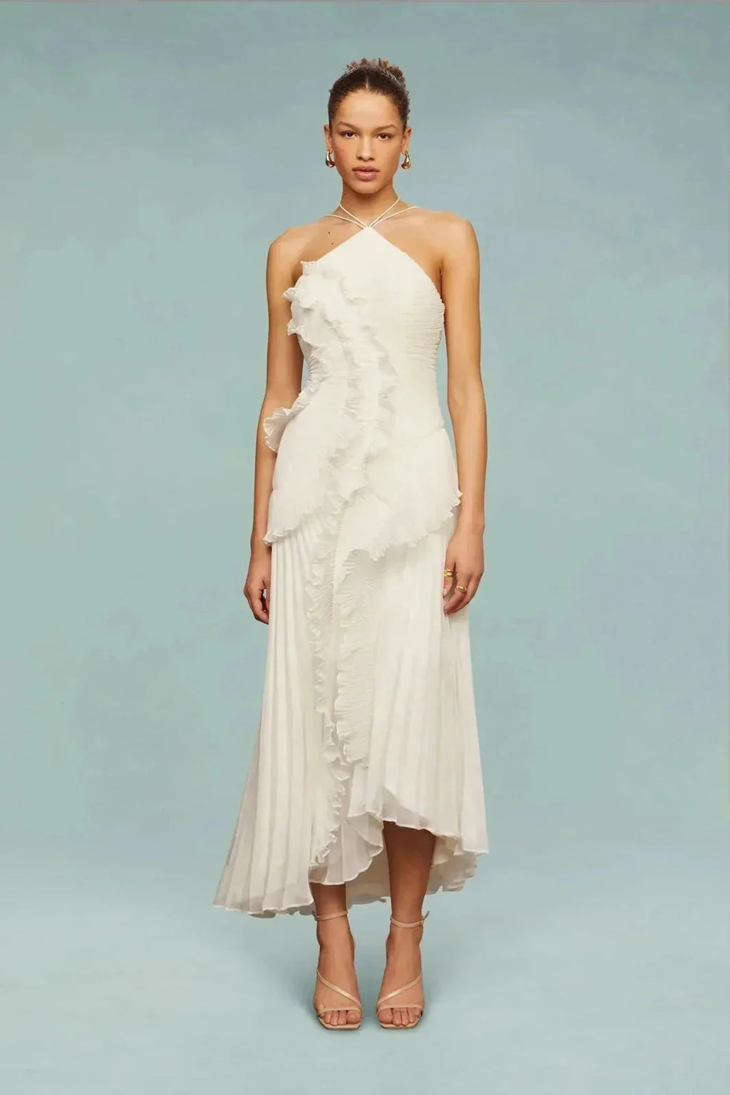 Womens Ruffle Halter Maxi Dress Asymmetric Pleated Evening – Reva