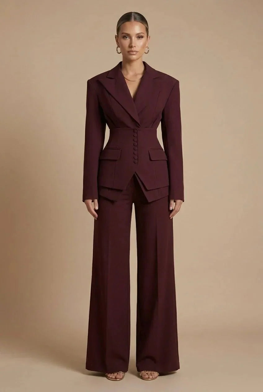 Wide-leg tailored two piece suit with peaked lapels in burgundy – ELEGENZE
