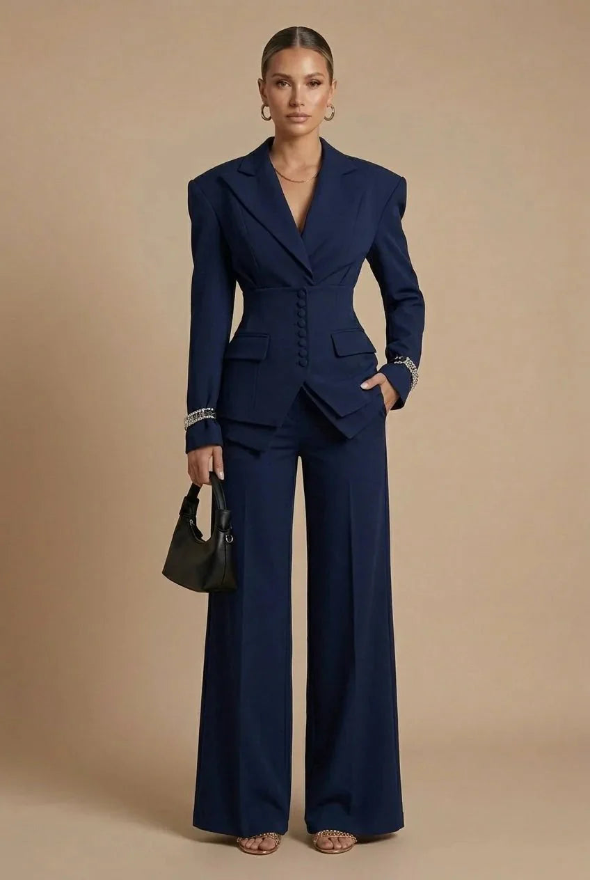 Womens Tailored Two Piece Suit Wide Leg Peaked Lapel – Hiva