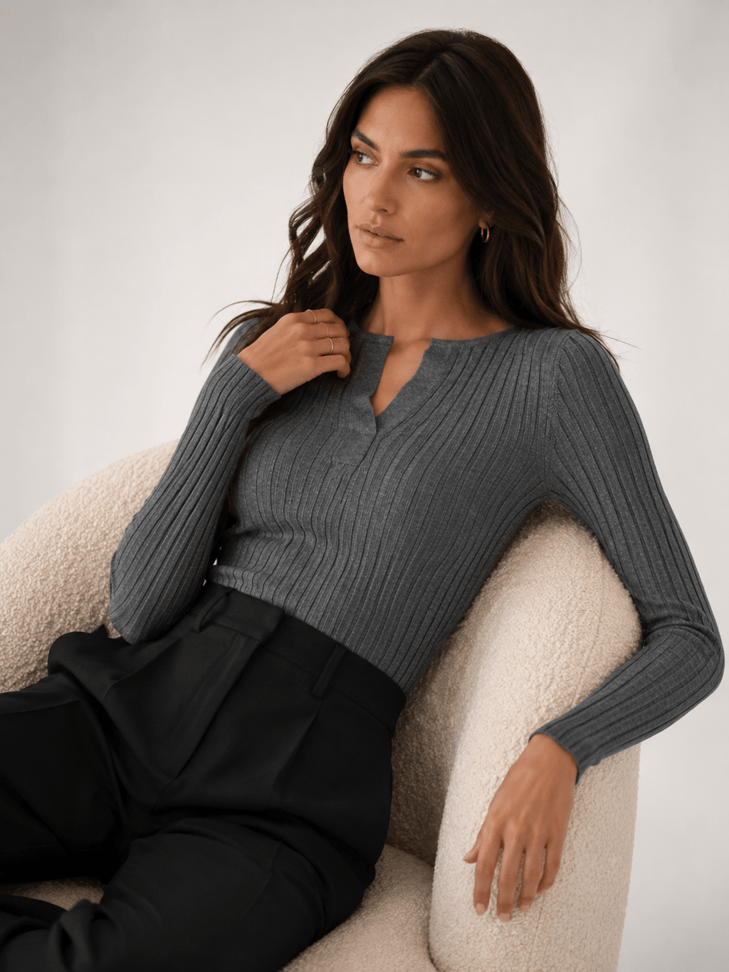 Womens Long Sleeve V-Neck Textured Knit Top High Stretch Regular Fit – Opal