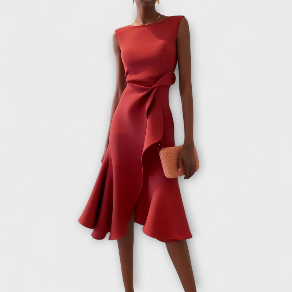 Draped asymmetric midi dress in burgundy – ELEGENZE