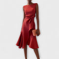 Draped asymmetric midi dress in burgundy – ELEGENZE