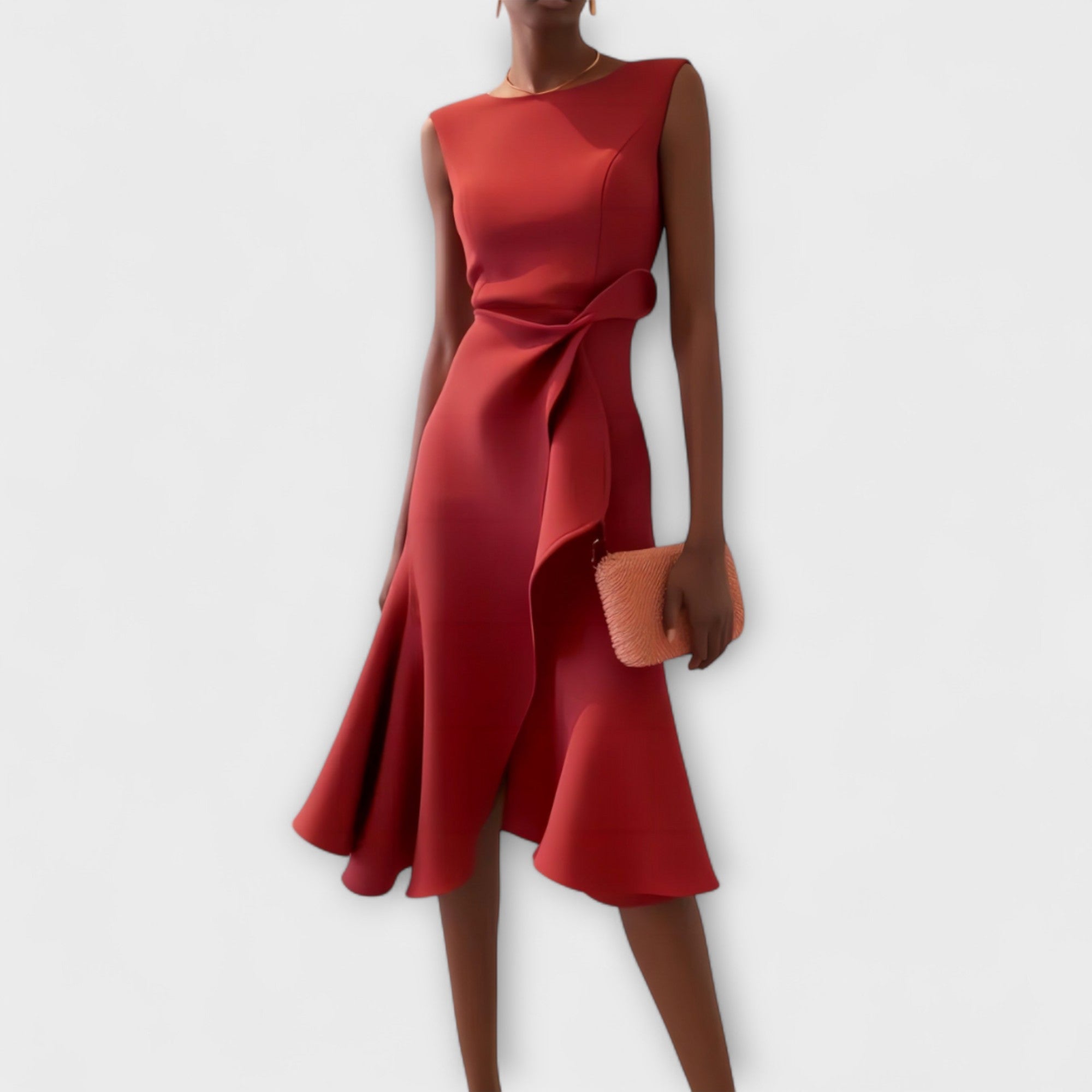 Draped asymmetric midi dress in burgundy – ELEGENZE