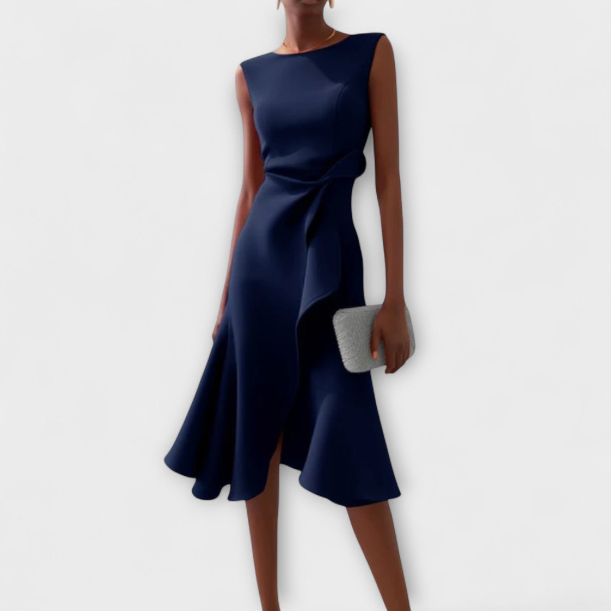 Model wearing draped asymmetric midi dress in burgundy – ELEGENZE